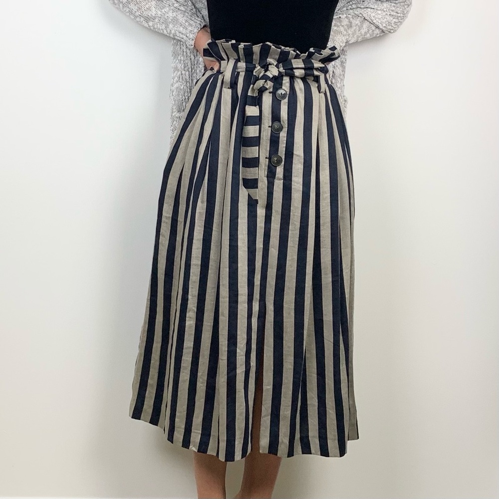 Massimo Dutti Linen Belted Paperbag High Waist Midi Skirt